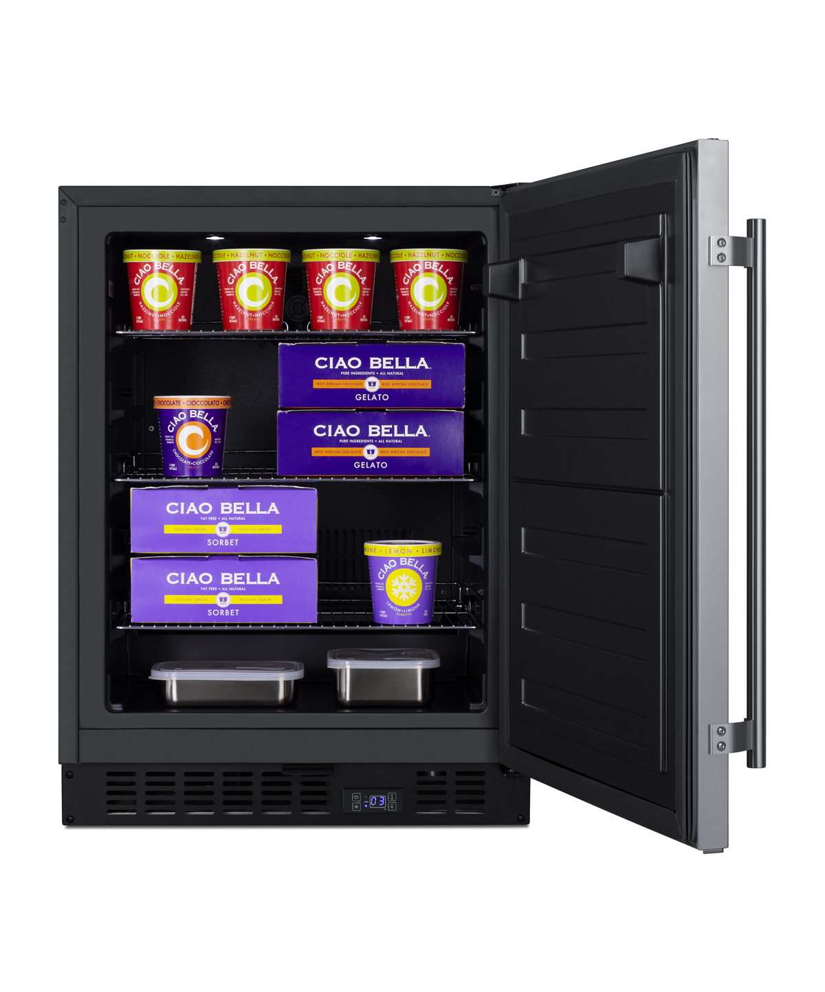 24 in. wide frost-free built-in undercounter ADA compliant all-freezer with stainless steel door, black cabinet, lock, and digital controls